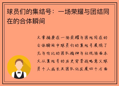 球员们的集结号：一场荣耀与团结同在的合体瞬间